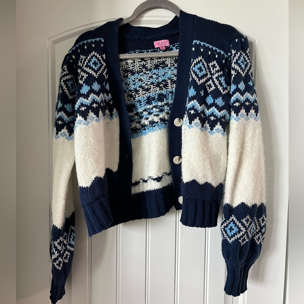 Mi Ami by Francesca's Fair Isle Oversized Pocket Cardigan Sweater Geometric M